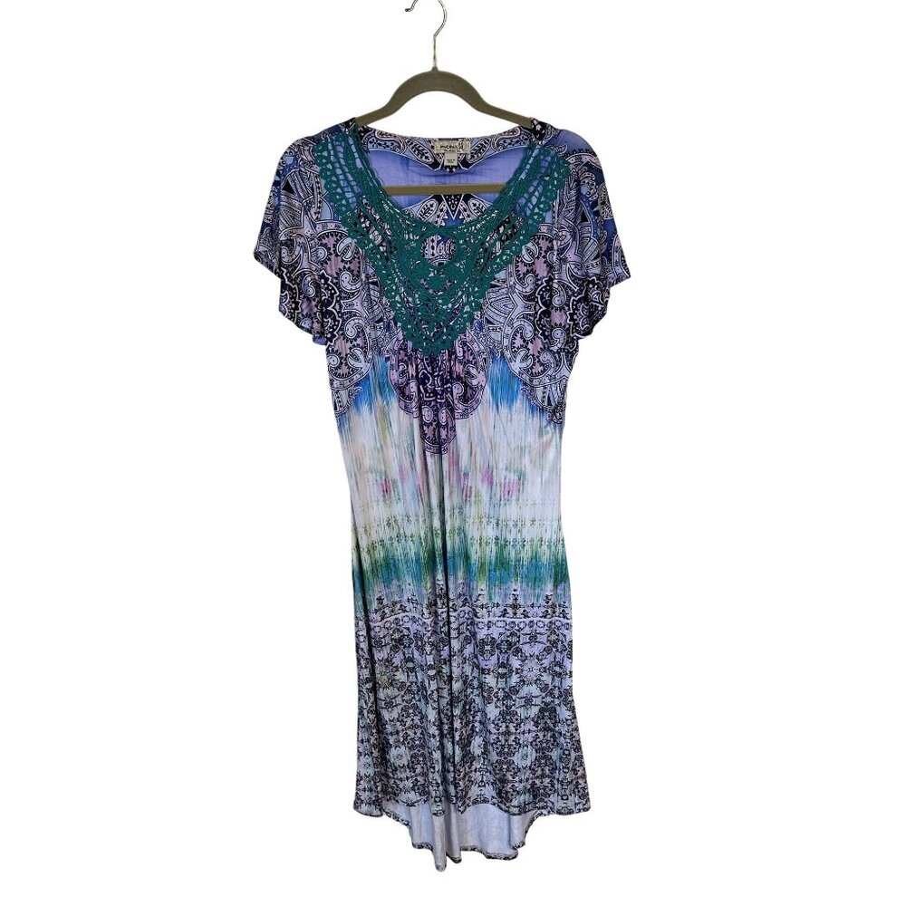 OneWorld Womens Boho Midi Dress Large Geometric Tie-Dye Print Crochet NWT